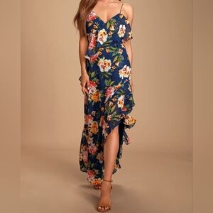 Lulu's Women's Jubilee Navy Blue Floral Print Ruffled Lace-Up Maxi Dress Size XS